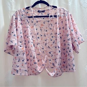 Pink Floral Print Self-Tie Wrap Crop Top